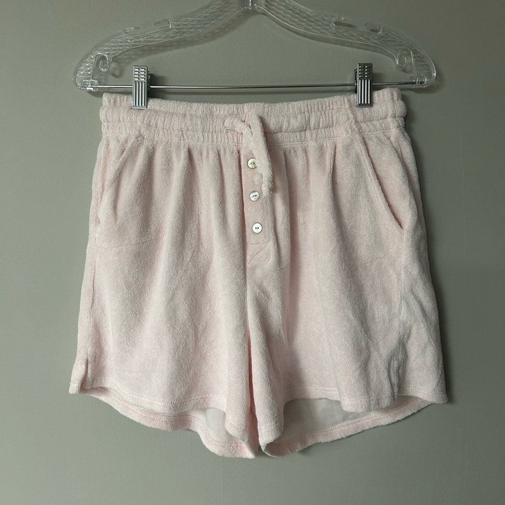 Donni Baby Pink Terry Henley Drawstring Shorts